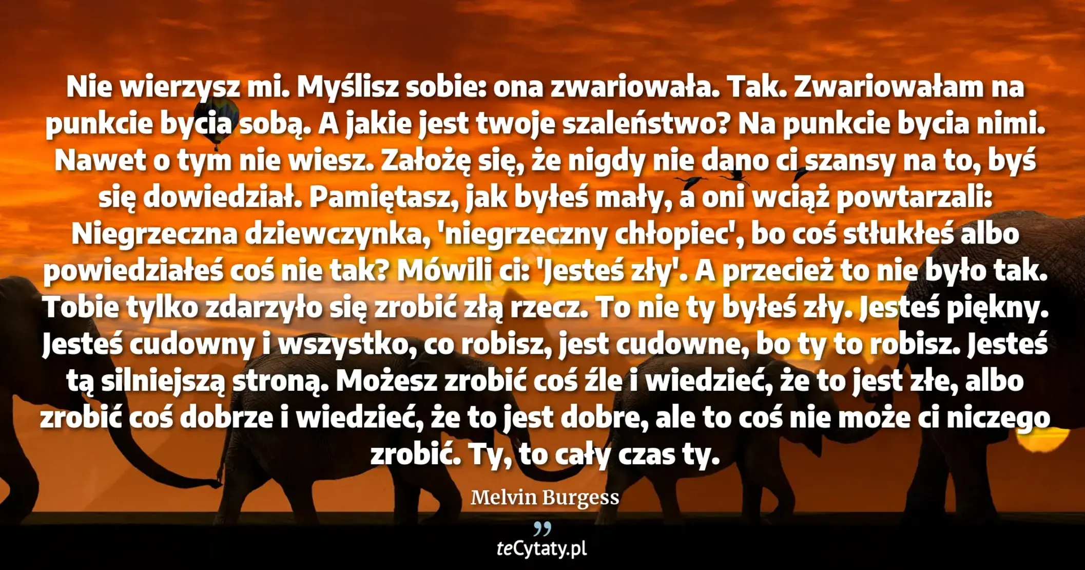 Cytat Melvin Burgess: "Nie wierzysz mi. Myślisz sobie: ona zwariowała. Tak. Zwariowałam na punkcie bycia sobą. A jakie jest..."