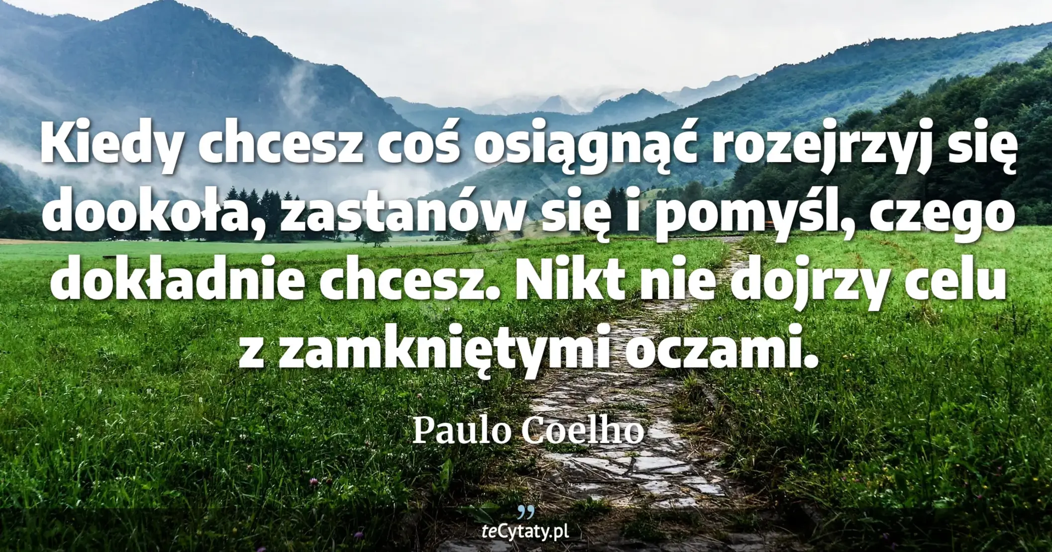 Kiedy chcesz coś osiągnąć rozejrzyj się dookoła, zastanów się i pomyśl, czego dokładnie chcesz. Nikt nie dojrzy celu z zamkniętymi oczami. - Paulo Coelho