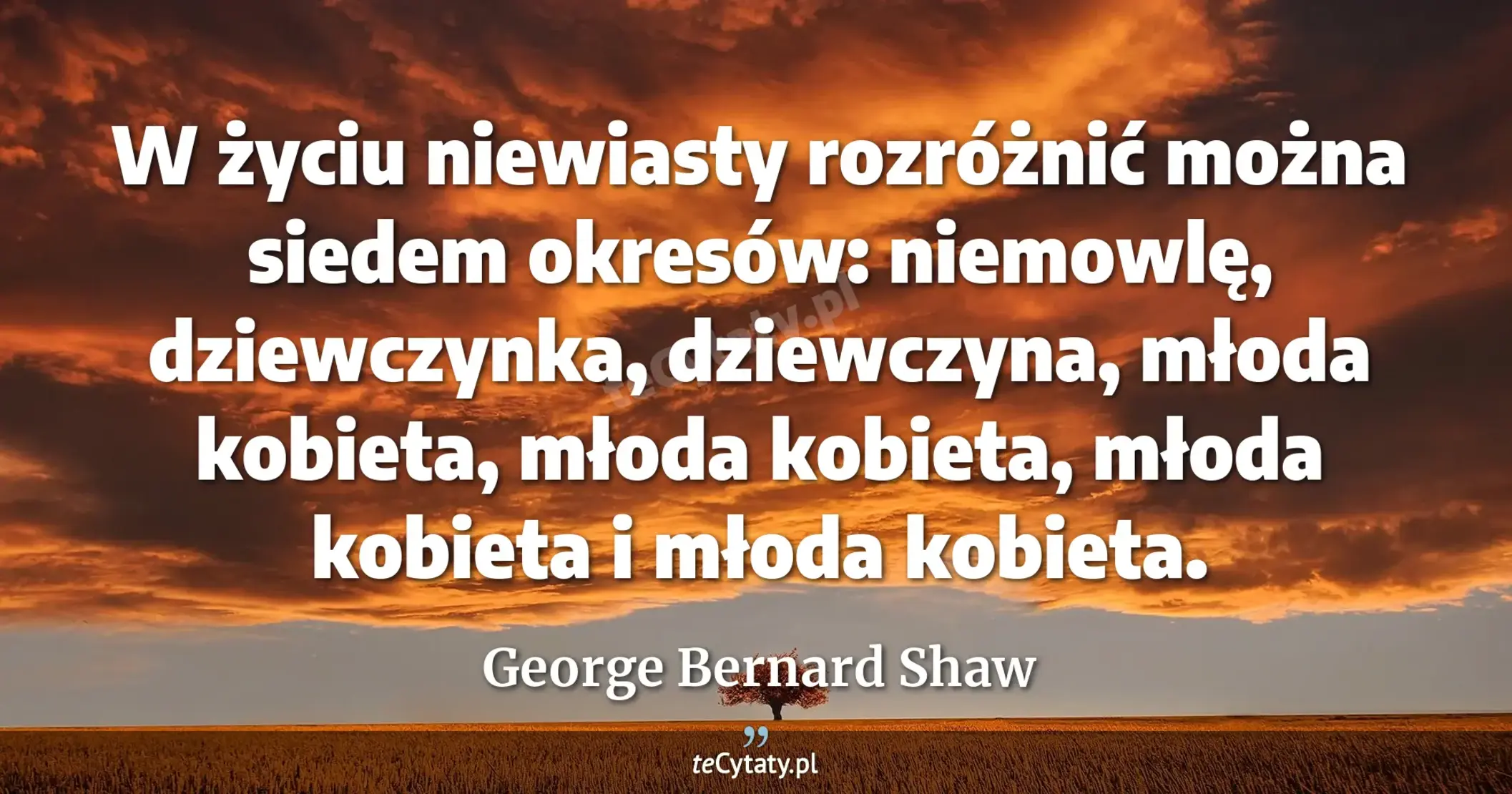 W życiu niewiasty rozróżnić można siedem okresów: niemowlę, dziewczynka, dziewczyna, młoda kobieta, młoda kobieta, młoda kobieta i młoda kobieta. - George Bernard Shaw