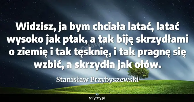Cytat Stanisław Przybyszewski: Widzisz, ja bym chciała latać, latać wysoko jak ptak, a tak biję skrzy...