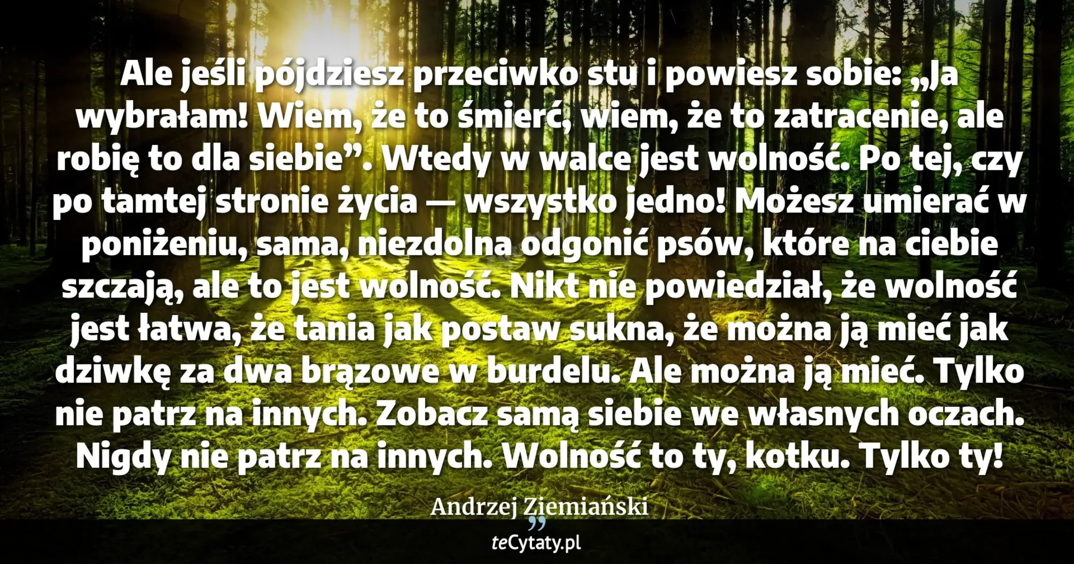 Cytat Andrzej Ziemiański: "Ale jeśli pójdziesz przeciwko stu i powiesz sobie: „Ja wybrałam! Wiem, <br>
że to śmierć, wiem, że t..."