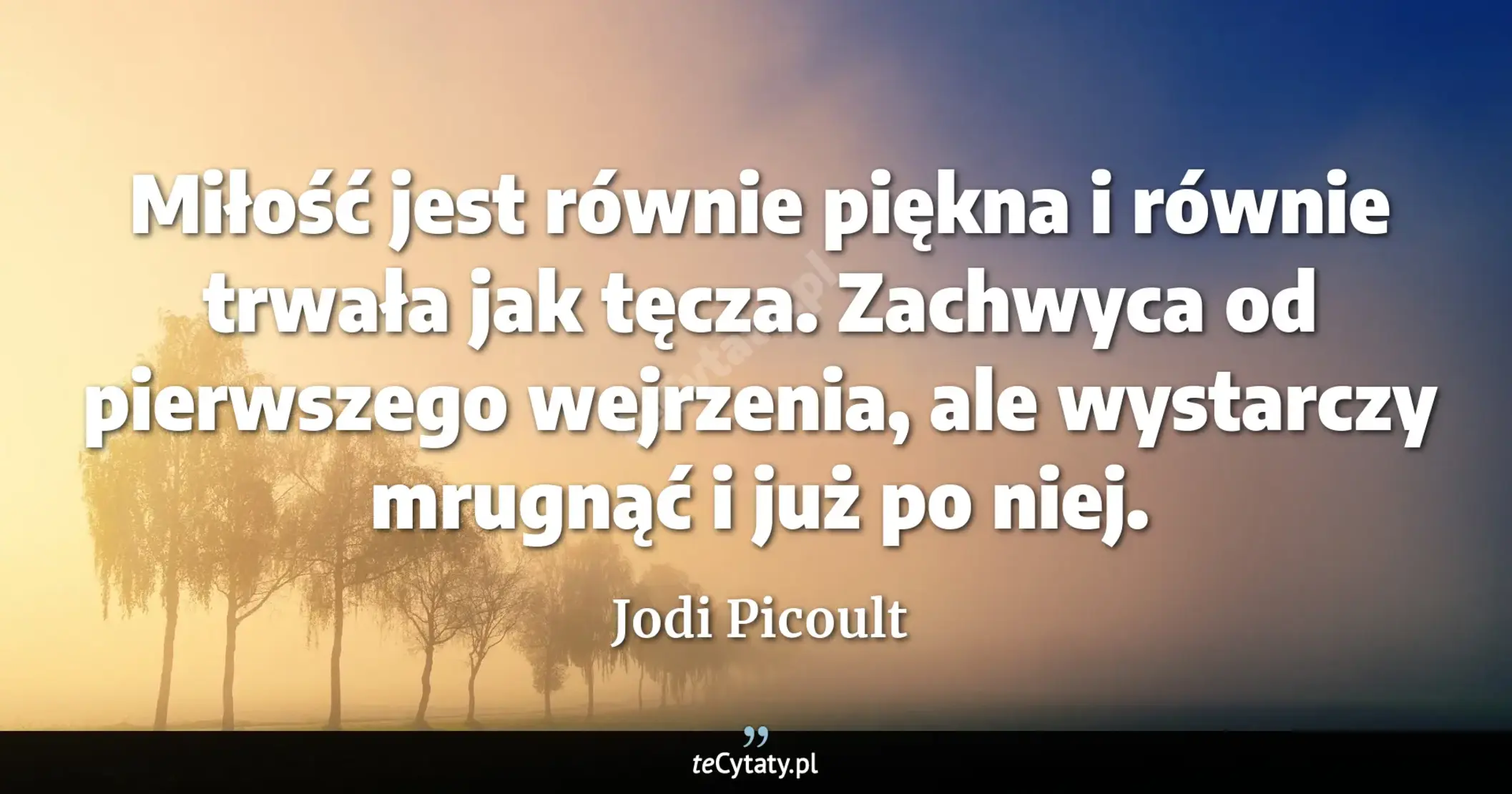 Cytat Jodi Picoult: "Miłość jest równie piękna i równie trwała jak tęcza. Zachwyca od pierwszego wejrzenia, ale wystarczy..."