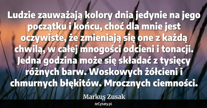 Cytat Markus Zusak: Ludzie zauważają kolory dnia jedynie na jego początku i końcu, choć dl...